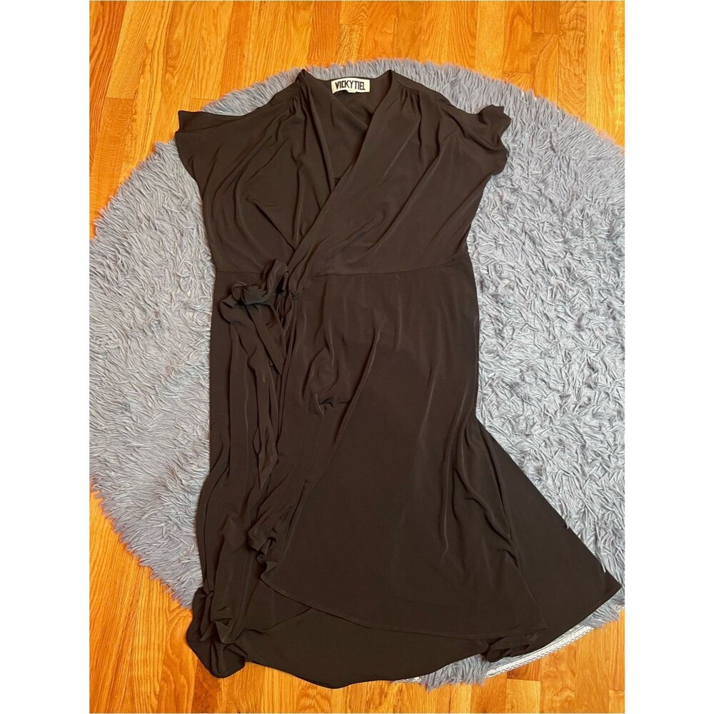 VICKY TIEL Black Full Wrap Jersey Knit Slinky Midi Dress Size XL